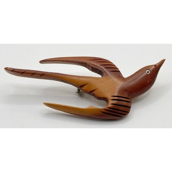 Carved Wooden BIRD Pin w/White Eye‎ 3” - Picture 1 of 3